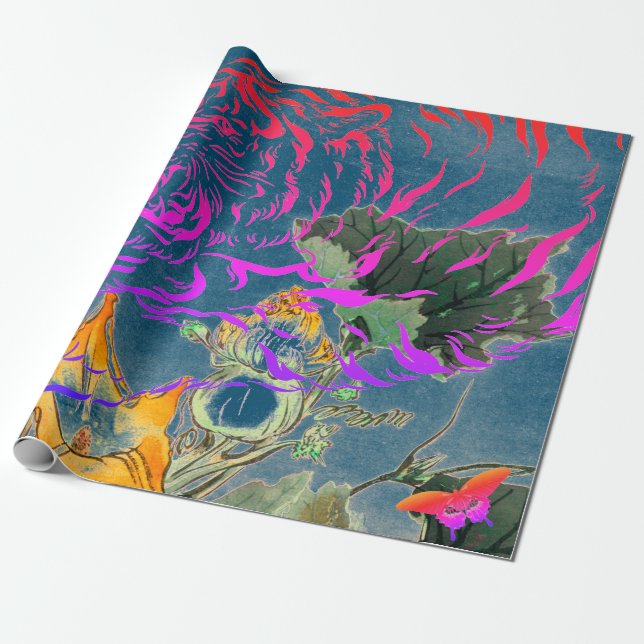 GIFT WRAPPING PAPER TIGER AND JAPANESE FLOWER (Unrolled)