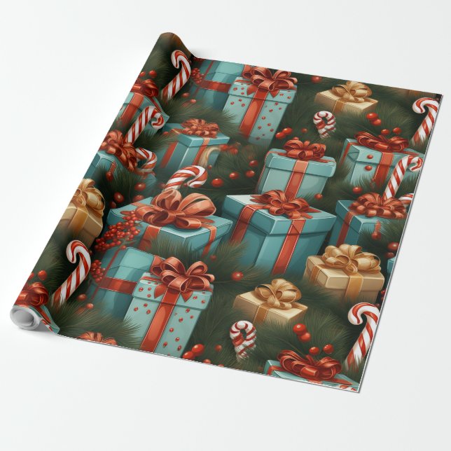 Gifts and candy cane wrapping paper (Unrolled)