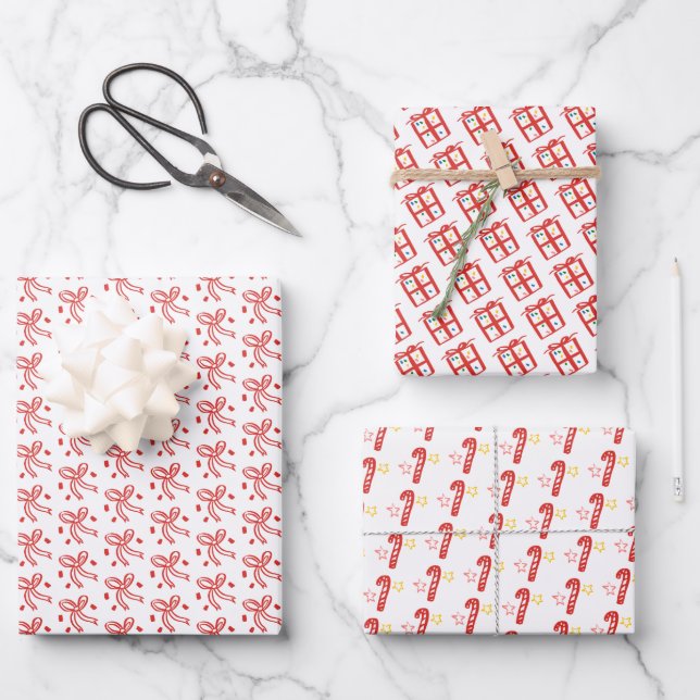 Gifts Bows Candycanes Doodle CHRISTMAS Holiday Red Wrapping Paper Sheet (Front)