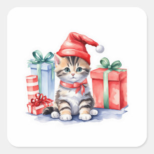 Gifts Brown Tabby Santa Kitten  Square Sticker