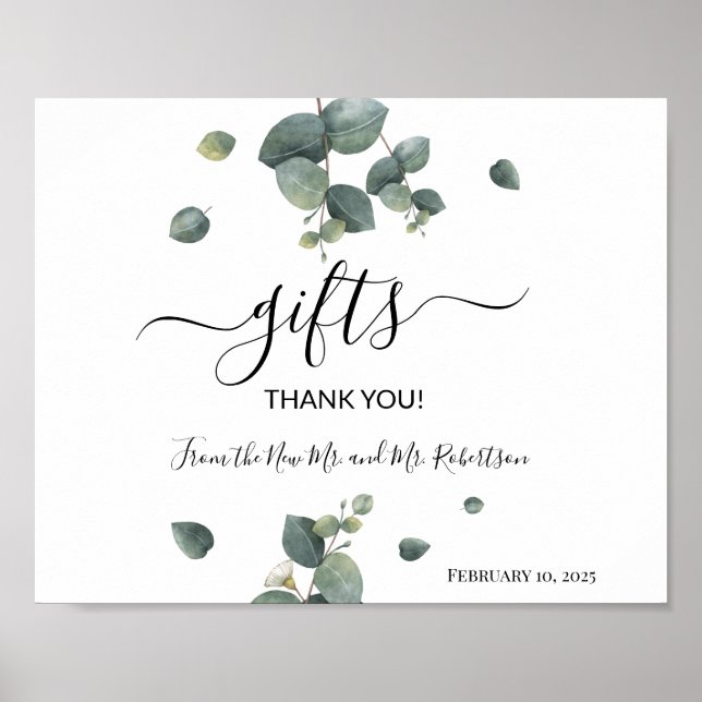 Gifts Shower Wedding Greenery Eucalyptus Sign (Front)