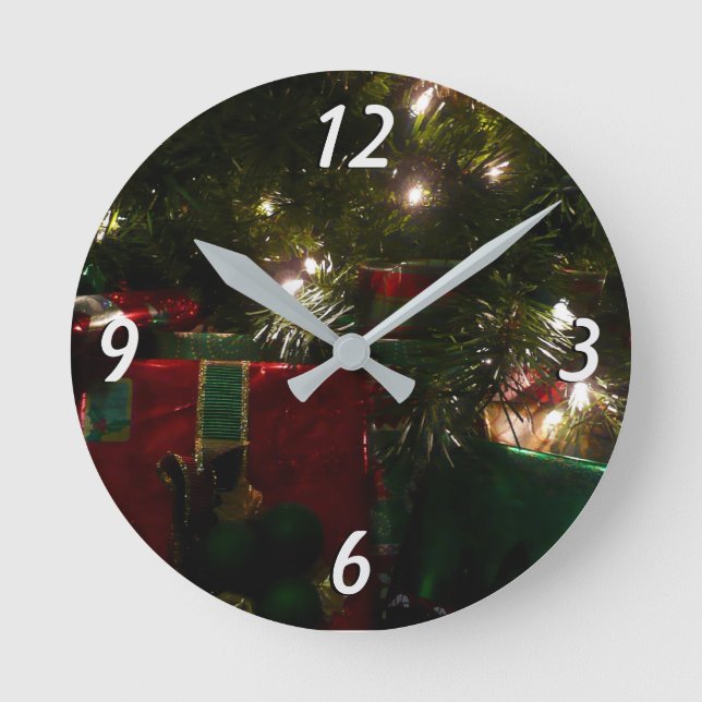 Gifts Under the Tree Christmas Holiday Round Clock (Front)