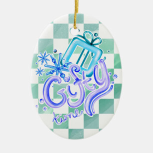 Gifty Time Blue Purple Checkerboard Oval Ceramic Ornament
