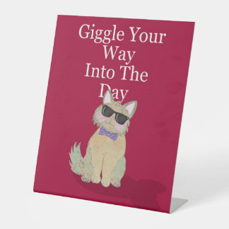 "Giggle" Cat Motif with Saying - red Pedestal Sign