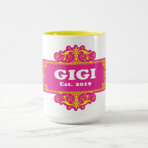 GIGI est 2019 White Text w Heritage Frame Pink In Mug