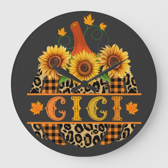 GiGi Pumpkin Leopard Print Sunflower Buffalo Plaid Large Clock (Front)