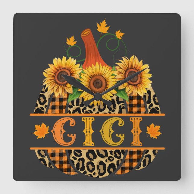 GiGi Pumpkin Leopard Print Sunflower Buffalo Plaid Square Wall Clock (Front)