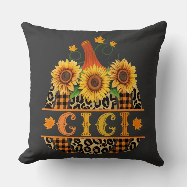 GiGi Pumpkin Leopard Print Sunflower Buffalo Plaid Throw Pillow (Front)