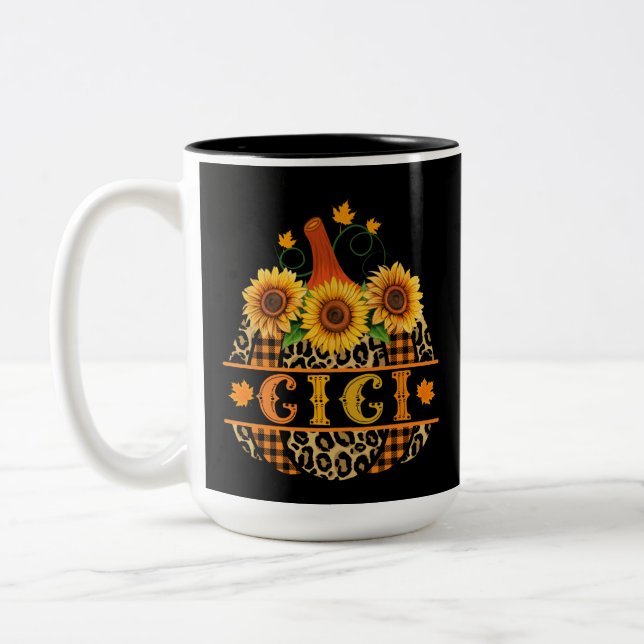 GiGi Pumpkin Leopard Print Sunflower Buffalo Plaid Two-Tone Coffee Mug (Left)