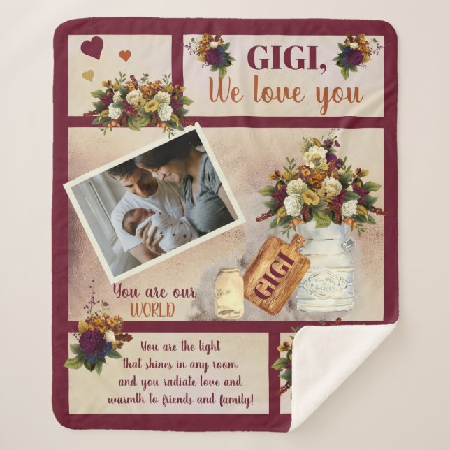 Gigi We Love You Photo Fall Floral | Script Text  Sherpa Blanket (Front)