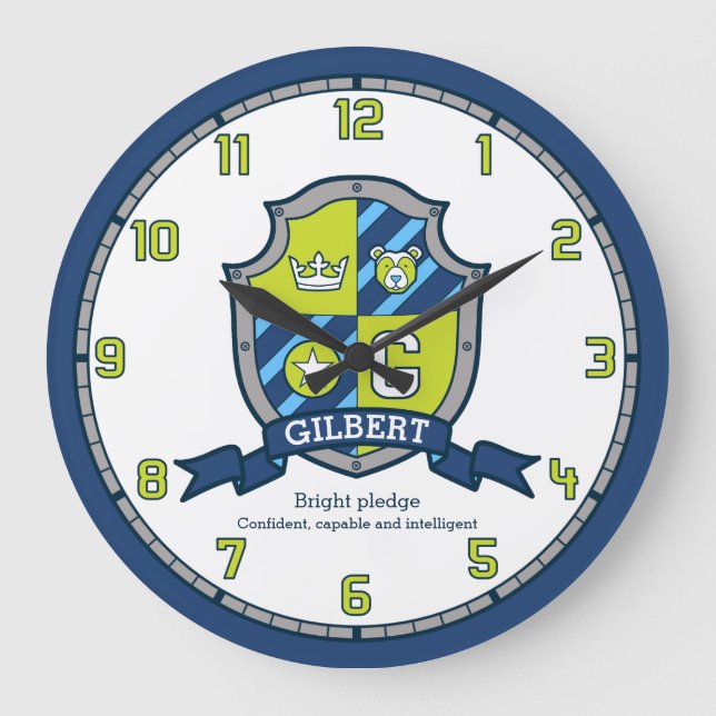 Gilbert boys name meaning letter G green blue bear Large Clock (Front)