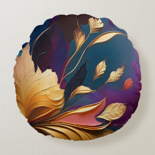 Gilded Bloom – Abstract Floral Composition Round Pillow