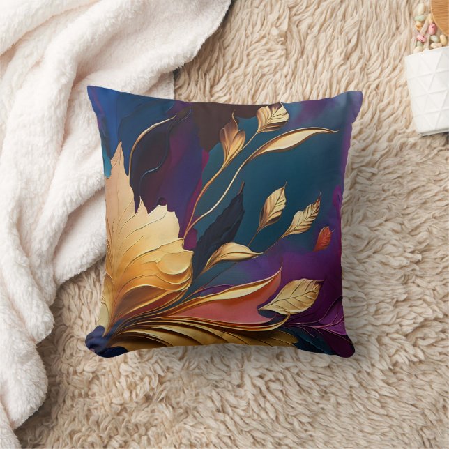 Gilded Bloom – Abstract Floral Composition Throw Pillow (Blanket)
