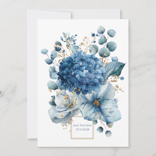 Gilded Bloom Blue Hydrangea Monogram Wedding Invitation (Front)