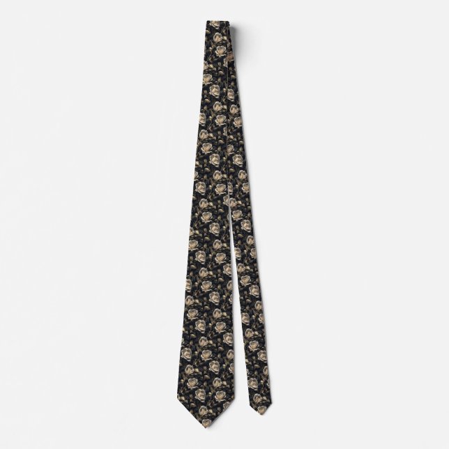 Gilded Blooms: Black Petal Golden Roses on Black Tie (Front)
