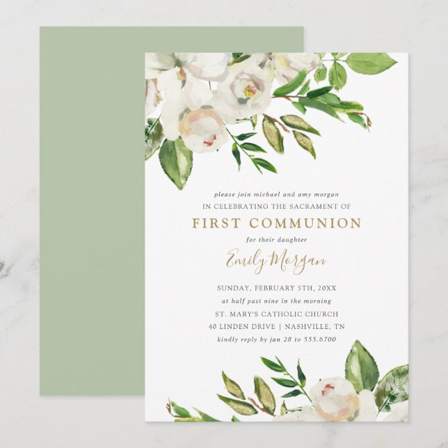Gilded Blooms First Communion Invitation (Front/Back)
