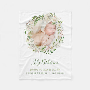Gilded Blooms Floral Wreath Baby Photo Birth Stats Fleece Blanket