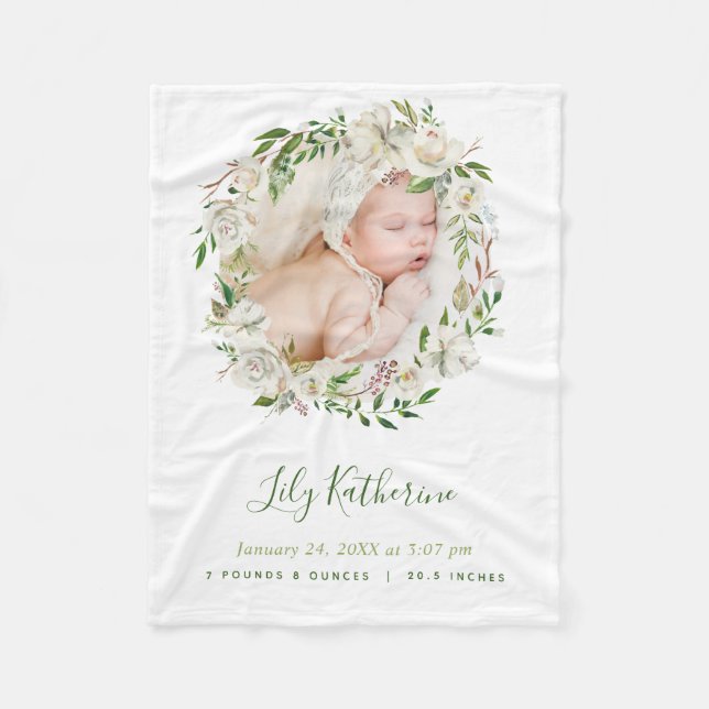 Gilded Blooms Floral Wreath Baby Photo Birth Stats Fleece Blanket (Front)