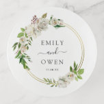 Gilded Blooms Floral Wreath Wedding Monogram Trinket Trays<br><div class="desc">Custom keepsake ring dish or jewellery trinket tray personalized with couple's monogram names and wedding date or other special text. The design features an elegant painted floral wreath with ivory roses, greenery and faux gold foil accents. Personalize it with the bride and groom's names and wedding date in any fonts...</div>