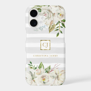 Gilded Blooms   Grey Stripes Floral Monogram