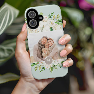 Gilded Blooms Mint Monogrammed Photo iPhone 16 Case
