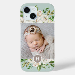 Gilded Blooms Mint   Monogrammed Photo iPhone 15 Case