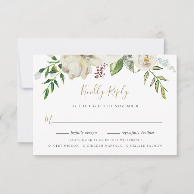 Gilded Blooms Wedding RSVP Card with Meal Choice (Front)