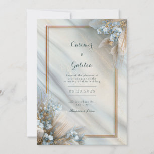 Gilded Blue Floral Cream Fluid Marble Wedding Invitation