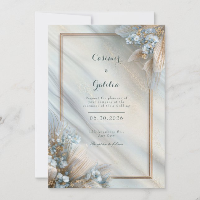 Gilded Blue Floral Cream Fluid Marble Wedding Invitation (Front)