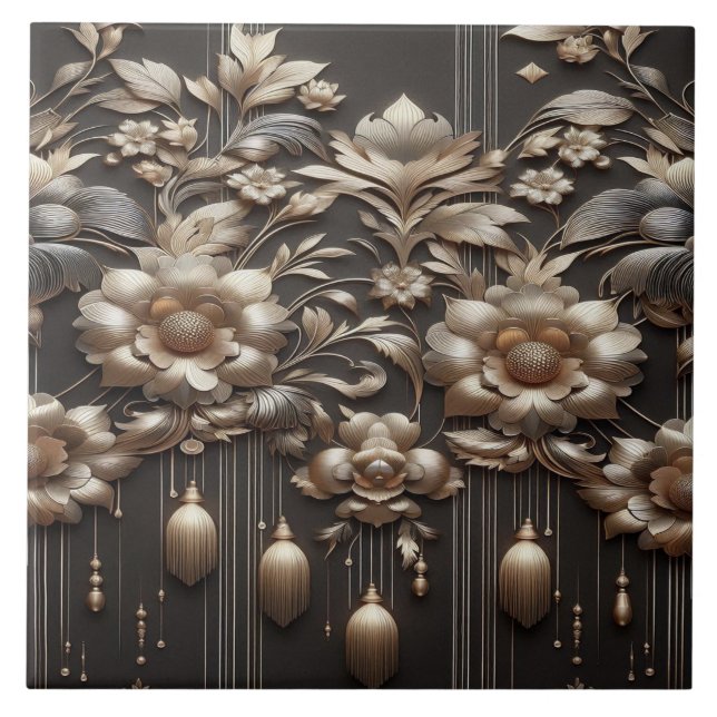 Gilded Botanical Symphony on Charcoal Noir Tile (Front)