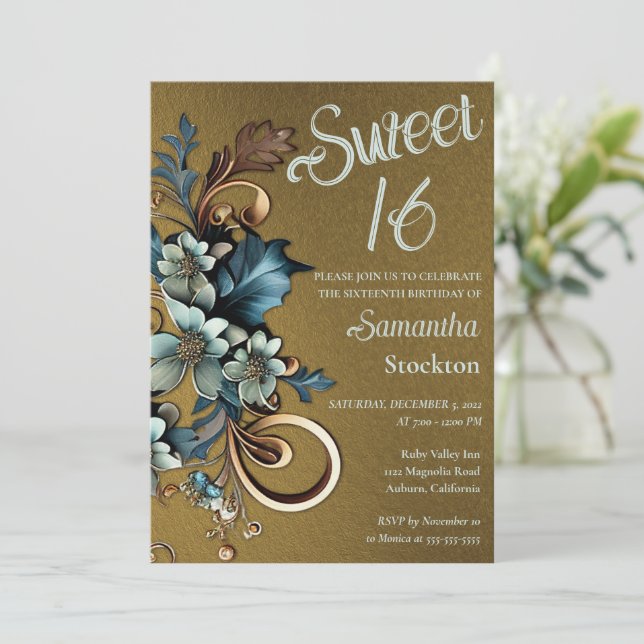 Gilded Botanical with Gold Sweet 16 Invitation (Standing Front)