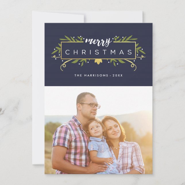 Gilded Christmas Modern Foliage Photo Holiday Card (Front)