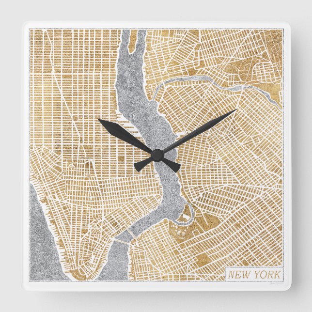 Gilded City Map Of New York Square Wall Clock (Front)