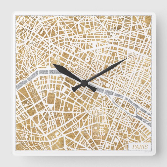 Gilded City Map Of Paris Square Wall Clock (Front)