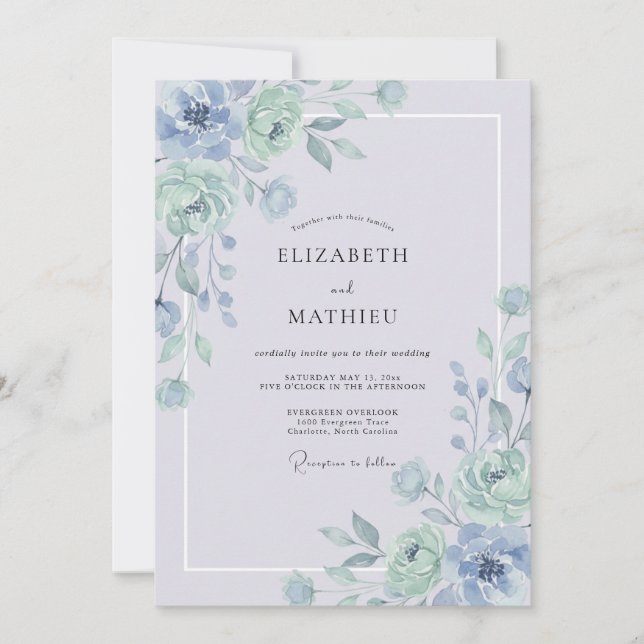 Gilded Cornflower Celadon Peony Wedding Invitation (Front)