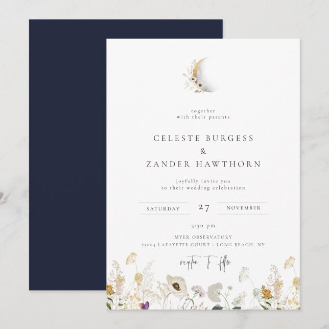 Gilded Crescent Moon Wildflower Wedding Invitation (Front/Back)