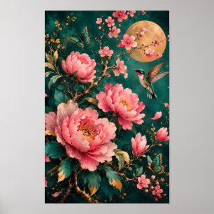 GILDED EMERALD GARDEN HUMMINGBIRD ROSES POSTER