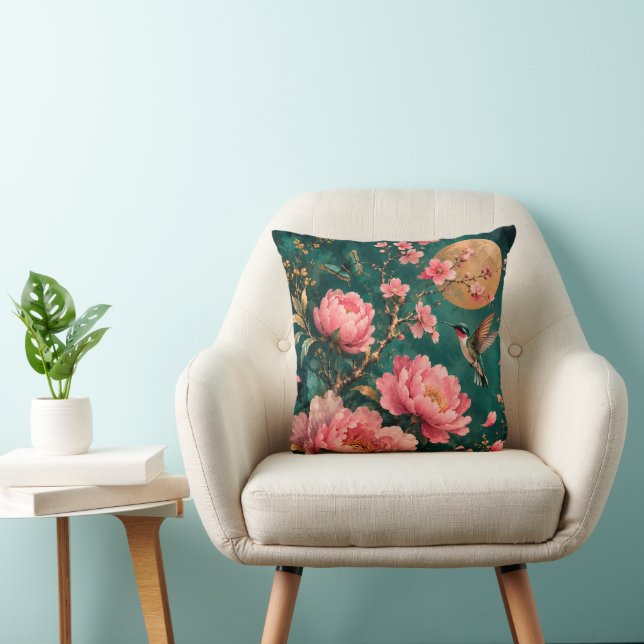 GILDED EMERALD GARDEN HUMMINGBIRD ROSES THROW PILLOW (Chair)