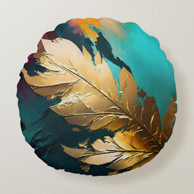 Gilded Feather – Luxe Abstract Elegance Round Pillow (Front)