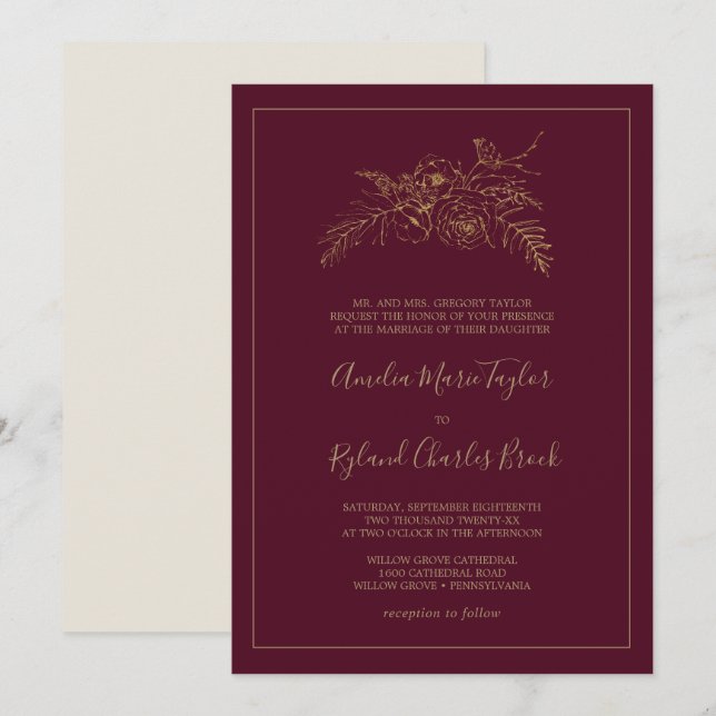 Gilded Floral | Burgundy and Gold Formal Wedding Invitation (Front/Back)