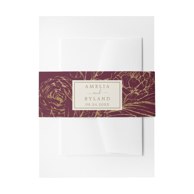 Gilded Floral Burgundy Gold Invitation Belly Band (Front Example)