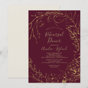 Gilded Floral Burgundy & Gold Rehearsal Dinner Invitation