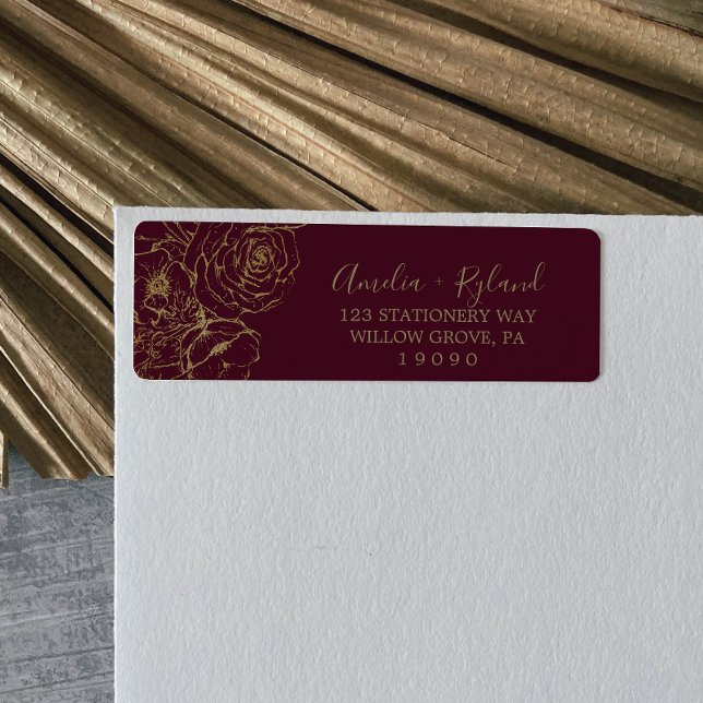 Gilded Floral | Burgundy Gold Return Address Label (Creator Uploaded)