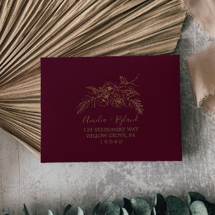 Gilded Floral   Burgundy Gold Self-Addressed RSVP Envelope
