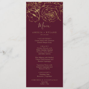 Gilded Floral Burgundy & Gold Wedding Dinner Menu