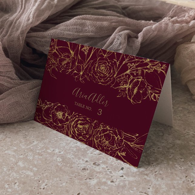 Gilded Floral Burgundy & Gold Wedding Place Cards (Creator Uploaded)