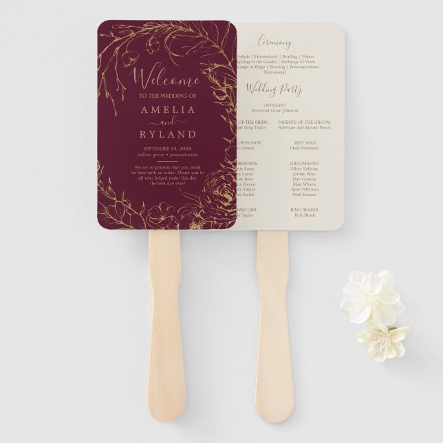 Gilded Floral Burgundy & Gold Wedding Program Fan (Front and Back)