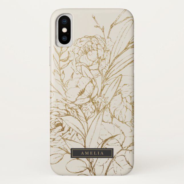 Gilded Floral Cream and Gold Personalized Name Case-Mate iPhone Case (Back)