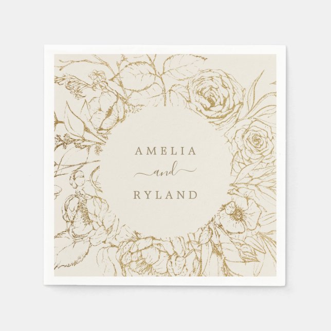 Gilded Floral | Cream and Gold Wedding Napkin (Front)