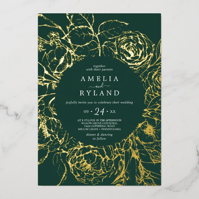 Gilded Floral | Gold Foil Emerald Casual Wedding (Front)